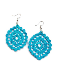 Turquoise handmade crochet oval flat drop earrings summer sea inspired