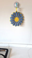 Blue and Yellow Crochet Flower Pot Holder - Cotton Trivet