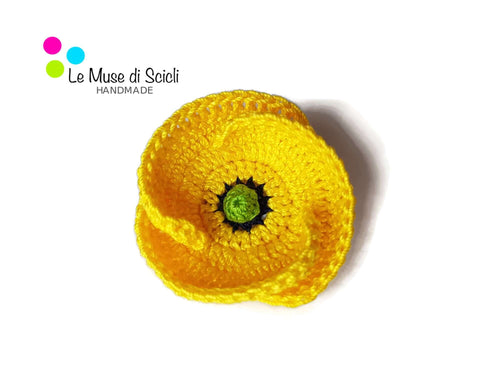 Spilla papavero giallo in cotone all'uncinetto, unisex e handmade