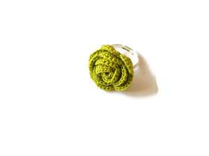handmade crochet rose ring in a lime green color