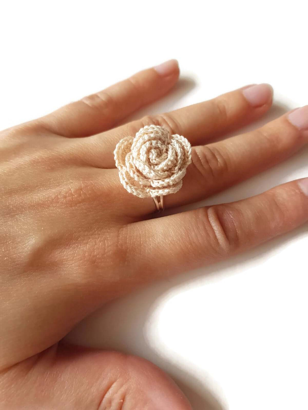 Beige rose floral crochet ring resizable handmade accessory