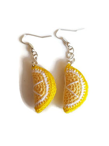 crochet yellow lemon fruit drop earrings