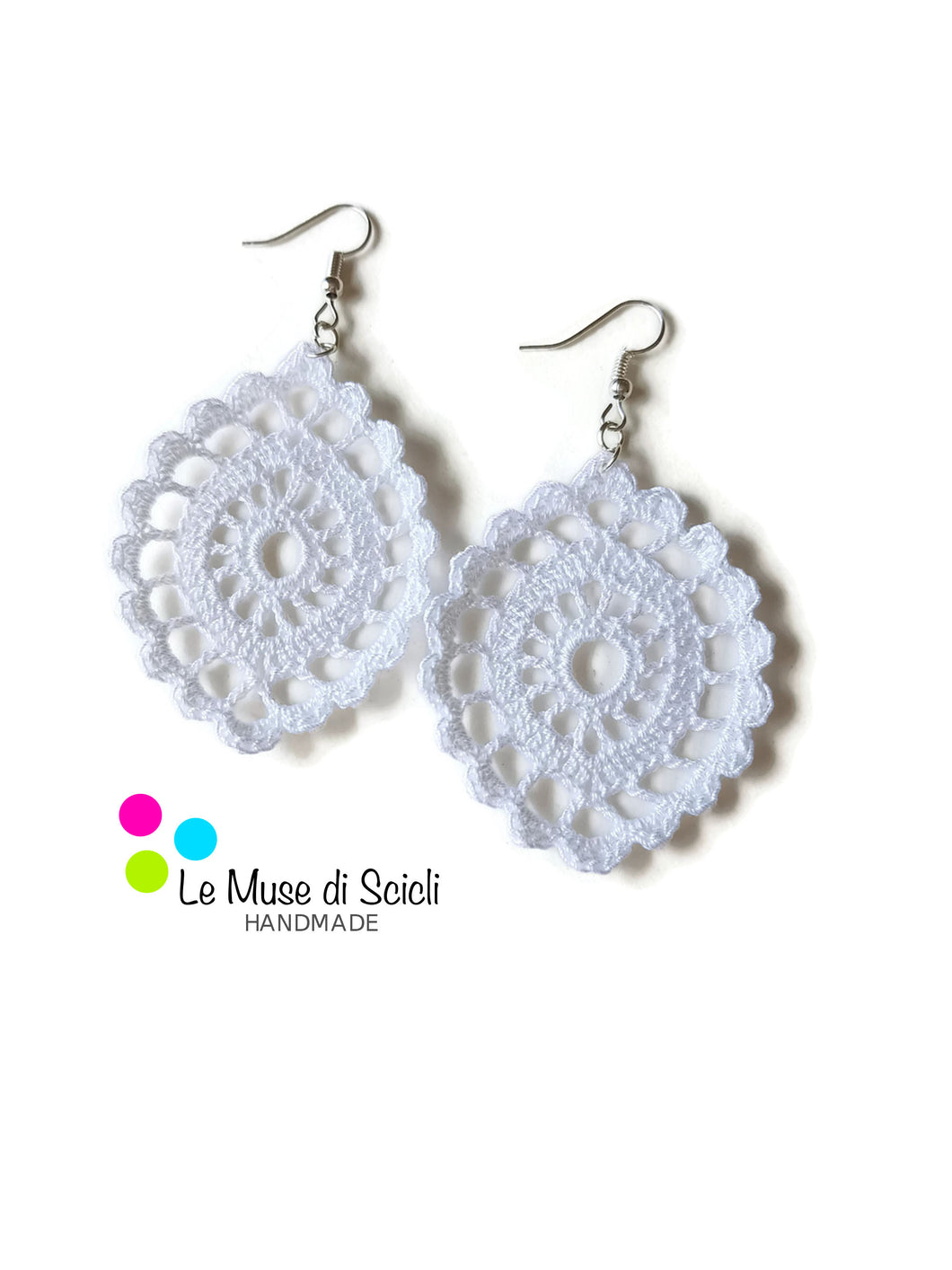 White handmade crochet lace oval drop earrings for women and girls